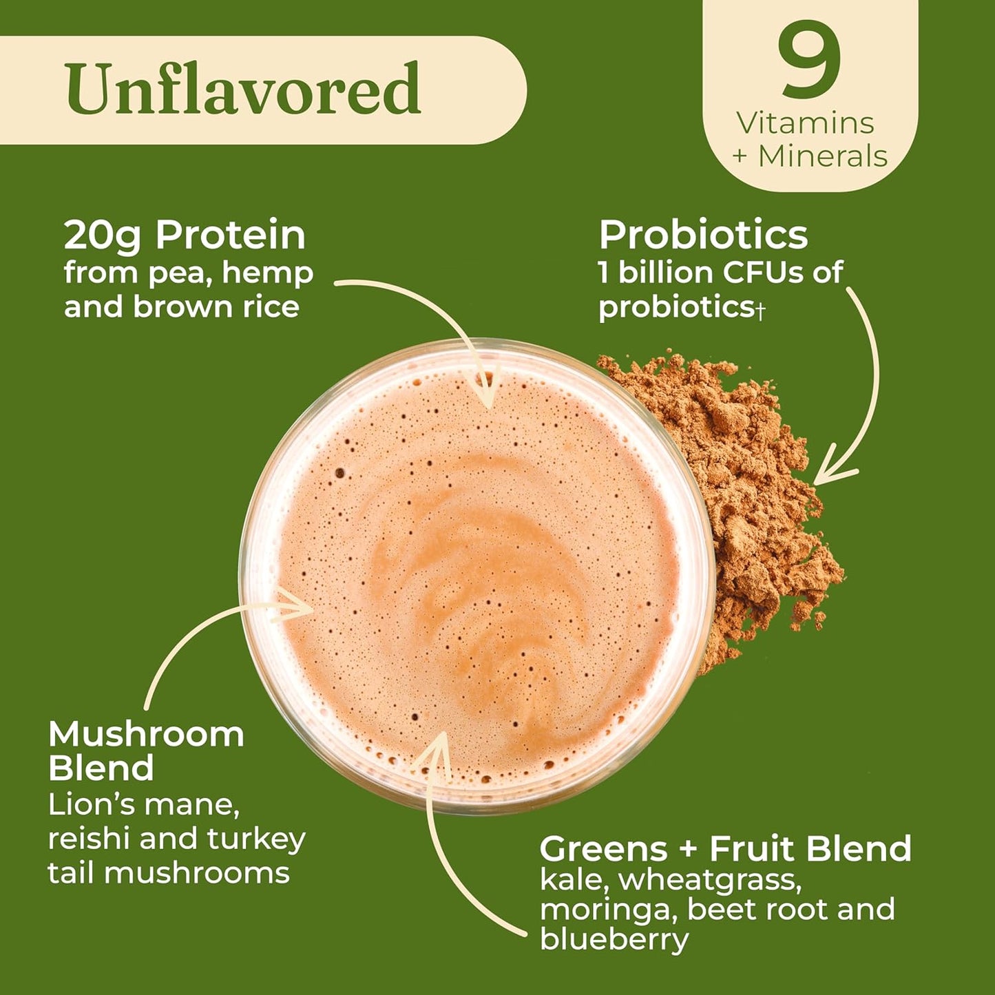 Organic Plant-Based Protein Powder with Lion’s Mane, Chaga, Cordyceps, and Additional Ingredients for Enhanced Brain Function and Immune Support | Unflavored, 16.9 Oz