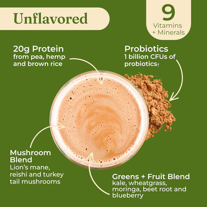 Organic Plant-Based Protein Powder with Lion’s Mane, Chaga, Cordyceps, and Additional Ingredients for Enhanced Brain Function and Immune Support | Unflavored, 16.9 Oz