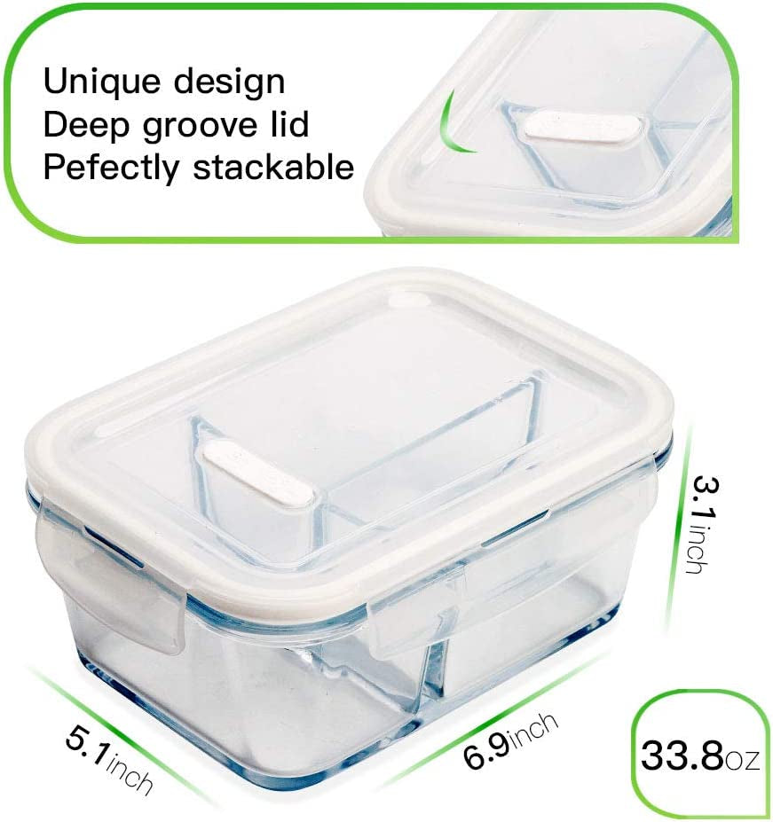 36 Oz Glass Bento Box Meal Prep Containers - 3 Pack with 3 Compartments, Lids, Oven & Microwave Safe Food Storage Bowls