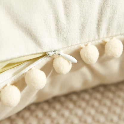Elegant Velvet Throw Pillow Covers with Pom Poms, Set of 2, 18x18 Cream White Cushion Cases for Couch, Bedroom, Car, and Outdoor Use