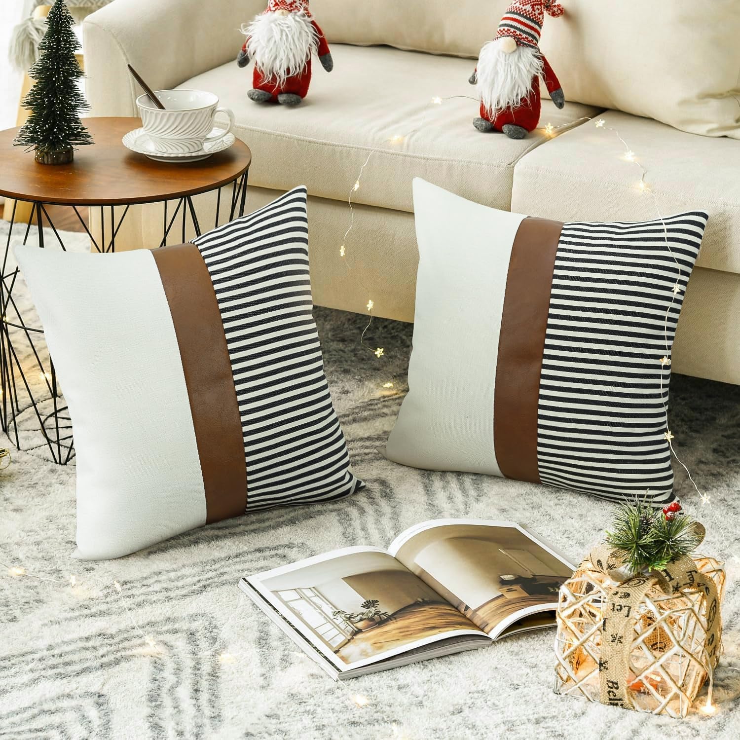 Set of 2 20x20 Inch Farmhouse Stripe Patchwork Linen Throw Pillow Covers with Modern Faux Leather for Couch and Sofa, Black