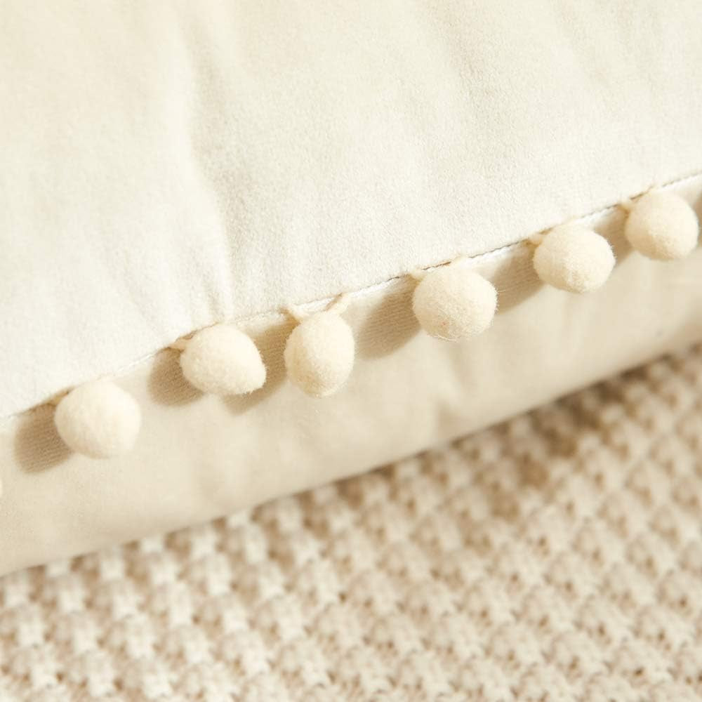 Elegant Velvet Throw Pillow Covers with Pom Poms, Set of 2, 18x18 Cream White Cushion Cases for Couch, Bedroom, Car, and Outdoor Use