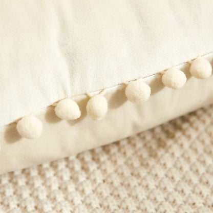 Elegant Velvet Throw Pillow Covers with Pom Poms, Set of 2, 18x18 Cream White Cushion Cases for Couch, Bedroom, Car, and Outdoor Use