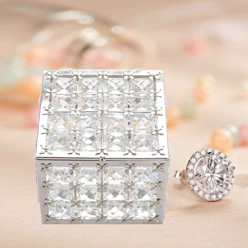 Elegant Square Crystal Jewelry Box - Trinket Organizer for Earrings and Rings with Mirror Surface and Lid, Perfect for Mother's Day and Valentine's Gifts