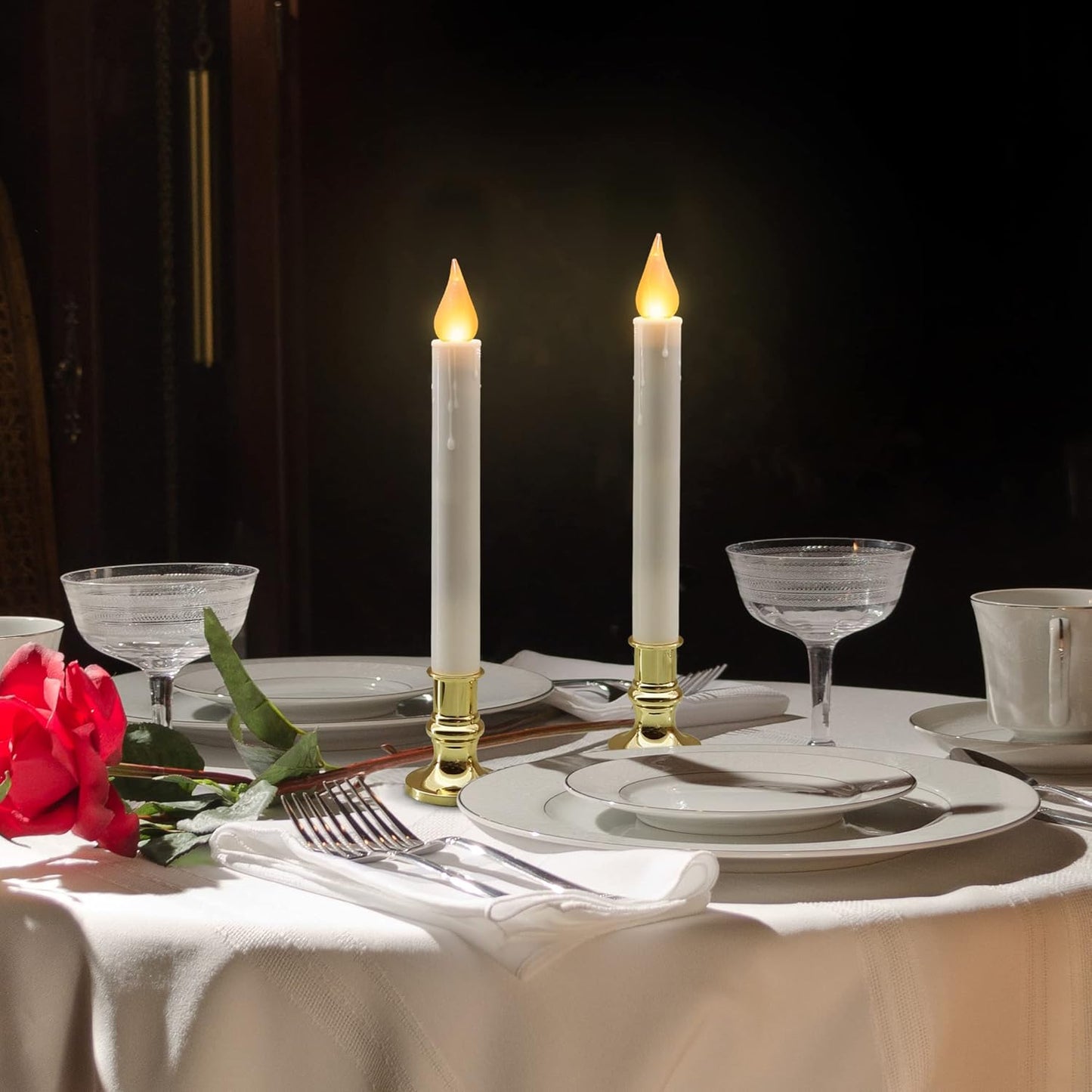 White Taper Candles with Gold Holders - Pack of 2, 9.9" Flameless LED with 5/19 Auto Timer and Batteries Included for Wedding, Dinner, and Home Decor