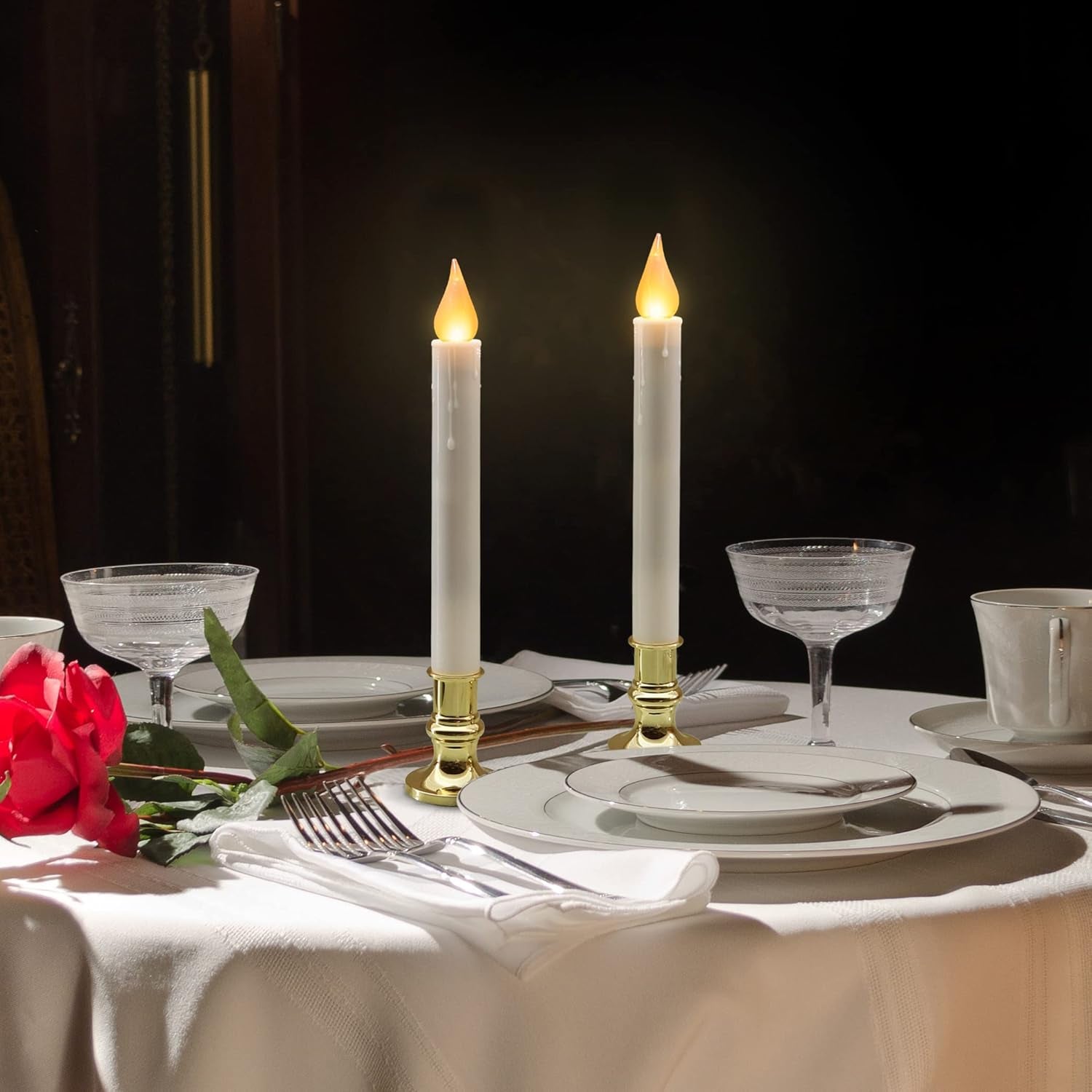 White Taper Candles with Gold Holders - Pack of 2, 9.9" Flameless LED with 5/19 Auto Timer and Batteries Included for Wedding, Dinner, and Home Decor