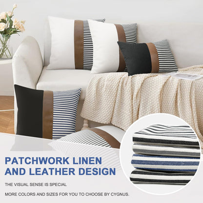 Set of 2 20x20 Inch Farmhouse Stripe Patchwork Linen Throw Pillow Covers with Modern Faux Leather for Couch and Sofa, Black