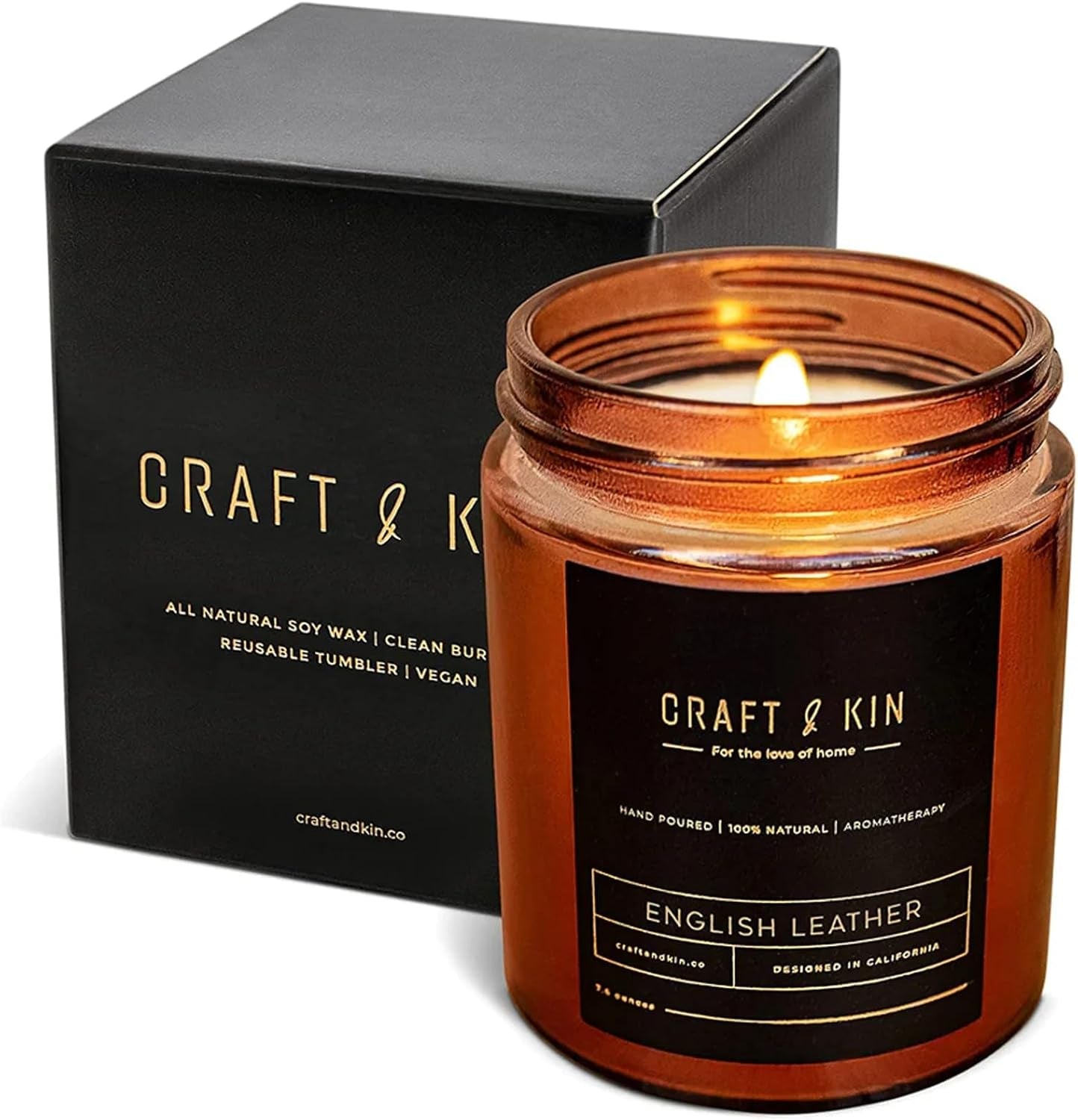 Premium English Leather Scented Candle - Long-Lasting 45-Hour Burn Time - Luxury Natural Soy Candle for Room Decor and Aromatherapy - 8 Oz
