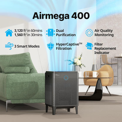 Air Purifier for Home Large Room up to 3,120Ft², Washable Pre-Filter and HEPA Filter for Smoke, Allergies, Pet Dander, Odor, AQI, Auto & Sleep Mode, Timer, 5Yr Warranty, Airmega 400(G)
