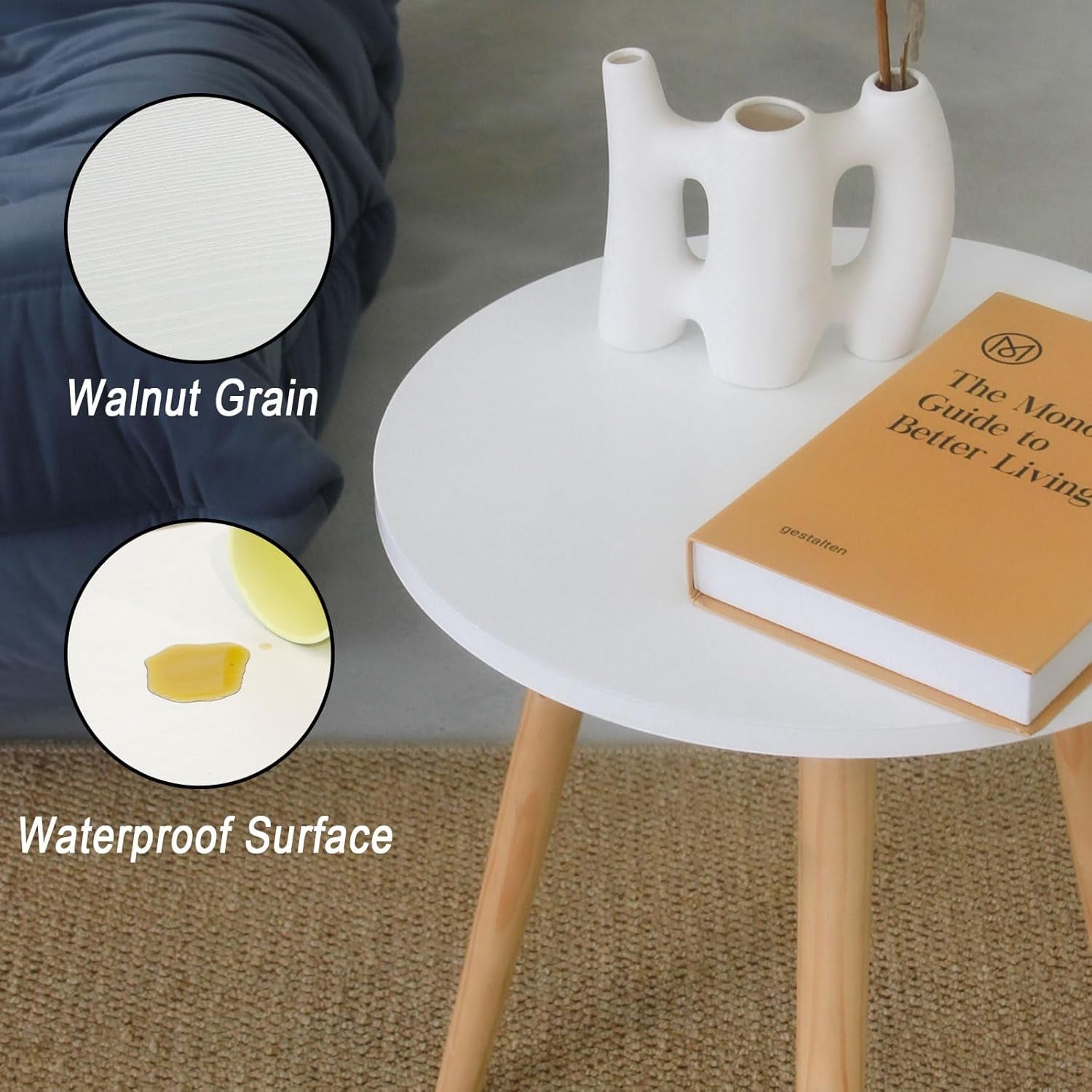 Modern Round Side Table - Compact Accent Nightstand for Living Room, Bedroom, and Office - 15.7'' Diameter x 19.69'' Height (White)
