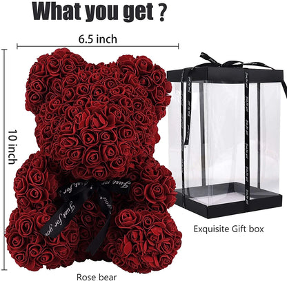 10-Inch Wine Red Rose Flower Bear - Perfect Gift for Valentine's Day, Mother's Day, and Christmas