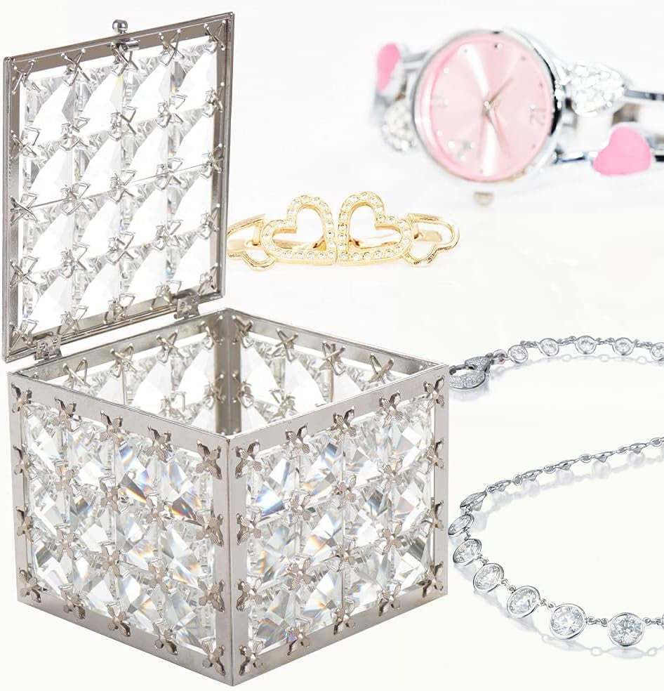 Elegant Square Crystal Jewelry Box - Trinket Organizer for Earrings and Rings with Mirror Surface and Lid, Perfect for Mother's Day and Valentine's Gifts