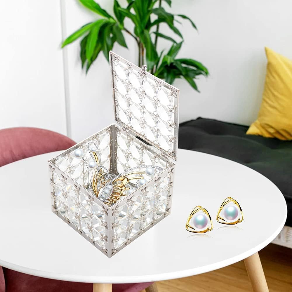Elegant Square Crystal Jewelry Box - Trinket Organizer for Earrings and Rings with Mirror Surface and Lid, Perfect for Mother's Day and Valentine's Gifts