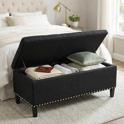 41" Large Storage Ottoman Bench with Nailhead Trim, Tufted Cotton Linen Rectangular Toy Chest, Sturdy End of Bed Bench for Bedroom & Entryway, Padded Footrest Stool with Safety Hinge, Black