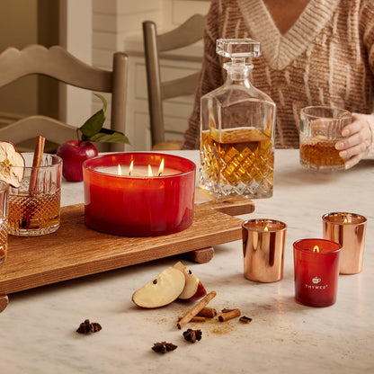 Aromatic Votive Candle Set – Trio of Luxury Scented Candles Featuring Freshly Pressed Apple, Clove, and Cardamom – Elegant Red and Rose Gold Design (Simmered Cider, 2 Oz Each)