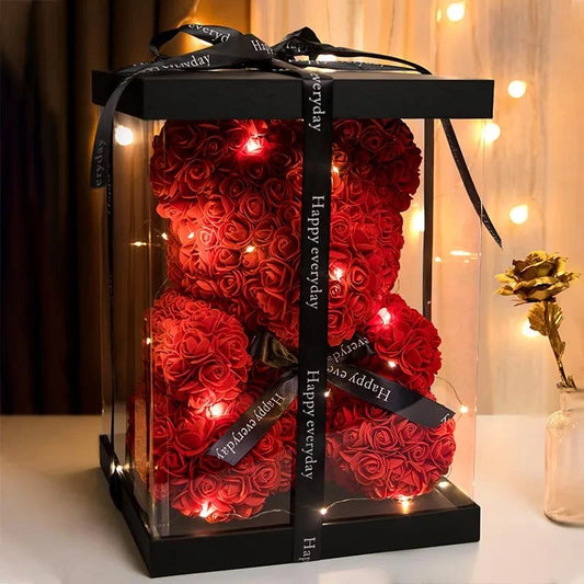 Elegant Rose Bear in Box with LED Light - Perfect Valentine's Gift for Her