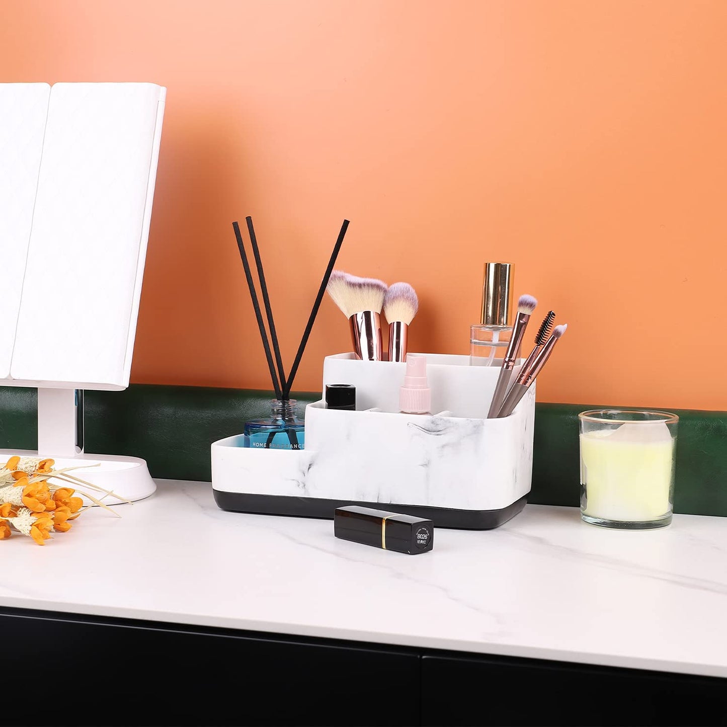 Multi-Functional Toothbrush Holder Organizer - Elegant White Marble Countertop Storage for Makeup, Skincare, and Accessories