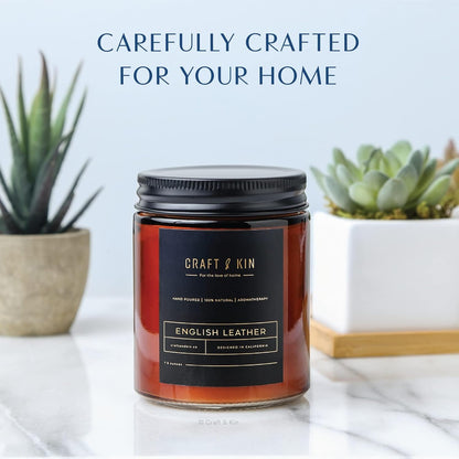 Premium English Leather Scented Candle - Long-Lasting 45-Hour Burn Time - Luxury Natural Soy Candle for Room Decor and Aromatherapy - 8 Oz