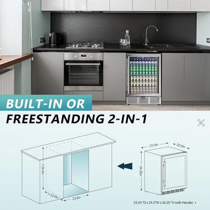 24 Inch Beverage Refrigerator, 180 Can Built-In Beverage Cooler, under Counter Beer Fridge with Glass Door for Soda, Water, Wine - for Kitchen, Bar or Office