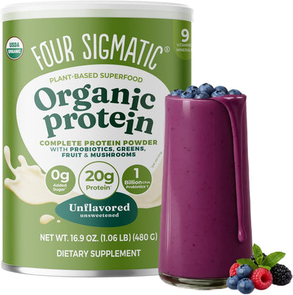 Organic Plant-Based Protein Powder with Lion’s Mane, Chaga, Cordyceps, and Additional Ingredients for Enhanced Brain Function and Immune Support | Unflavored, 16.9 Oz