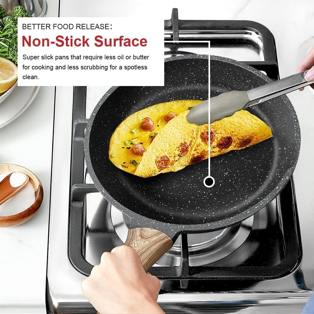 Granite Nonstick Frying Pan, Induction-Compatible Omelette Skillet, PFOA-Free Stone Cookware, 9.5 Inch (Gray)