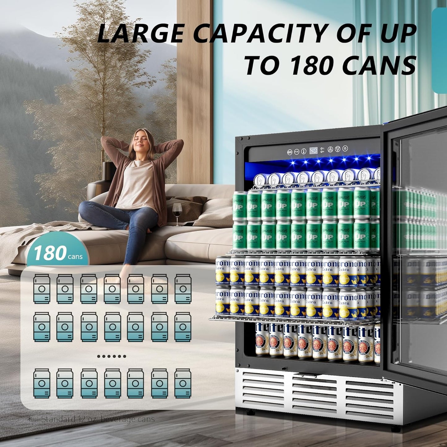24 Inch Beverage Refrigerator, 180 Can Built-In Beverage Cooler, under Counter Beer Fridge with Glass Door for Soda, Water, Wine - for Kitchen, Bar or Office