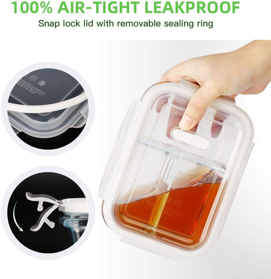 36 Oz Glass Bento Box Meal Prep Containers - 3 Pack with 3 Compartments, Lids, Oven & Microwave Safe Food Storage Bowls