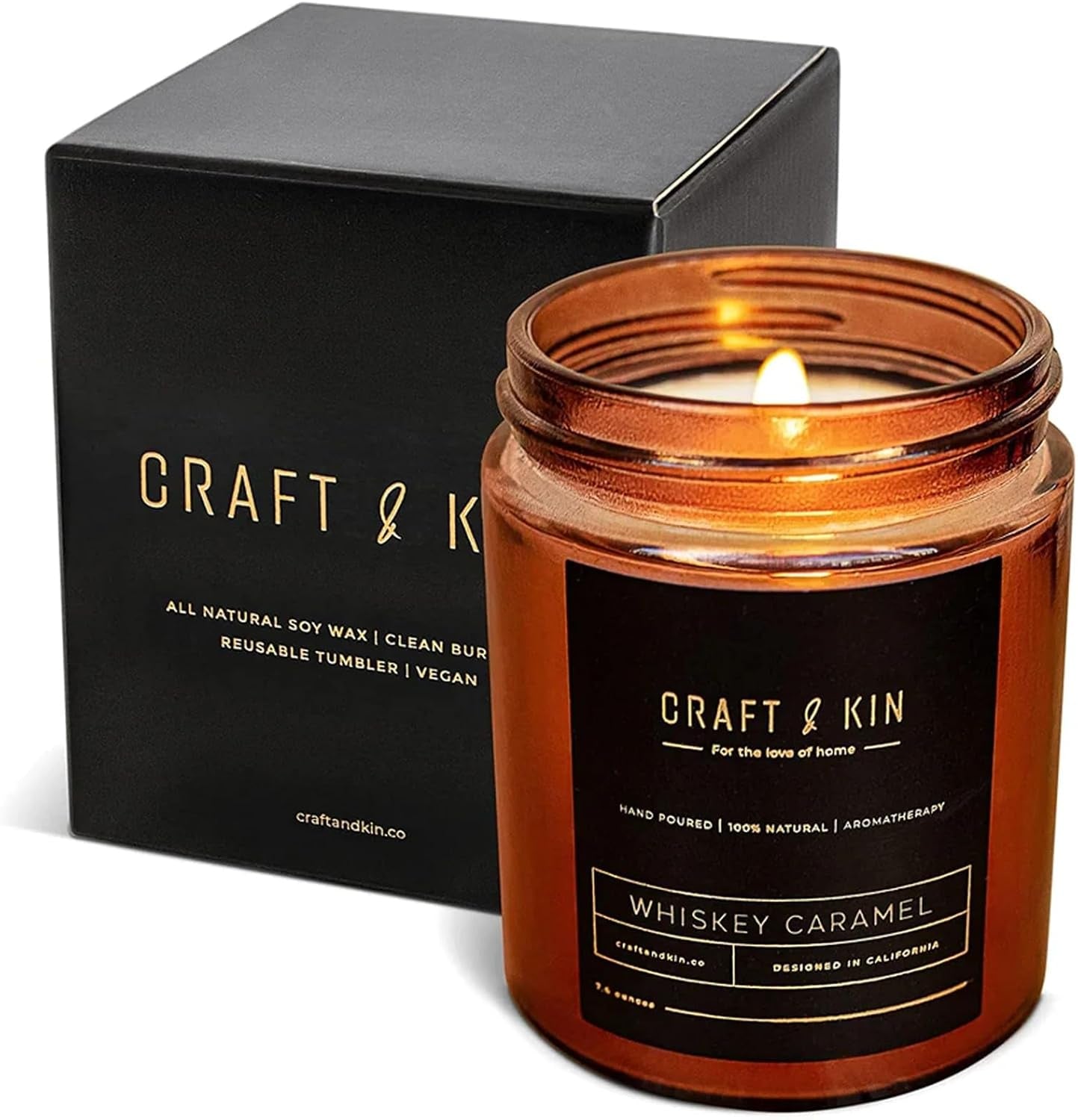Premium Whiskey Caramel Scented Candle – Long Lasting, 45 Hour Burn Time – Luxury Natural Soy Scented Candle – Room Decor and Aromatherapy – 8 Oz