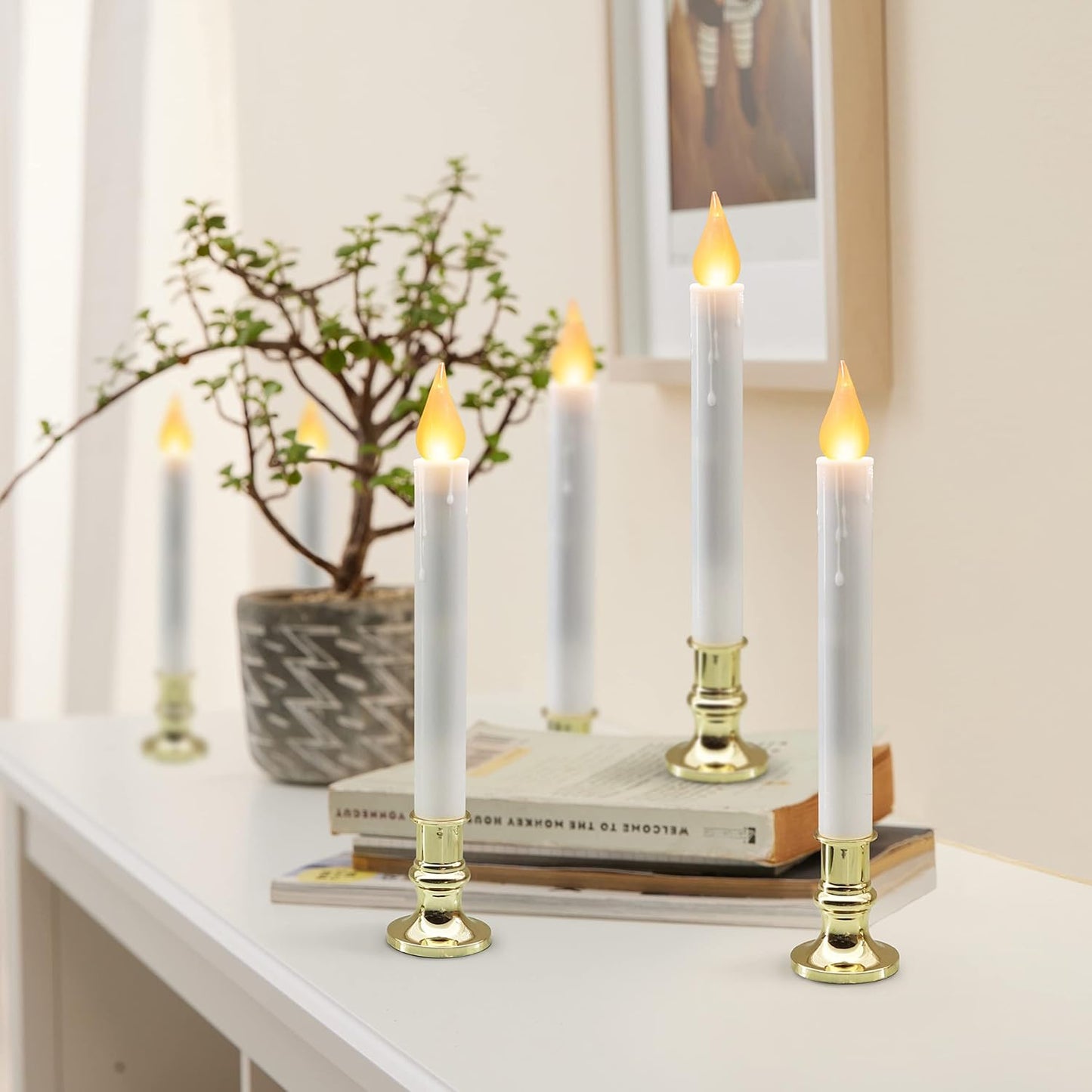White Taper Candles with Gold Holders - Pack of 2, 9.9" Flameless LED with 5/19 Auto Timer and Batteries Included for Wedding, Dinner, and Home Decor