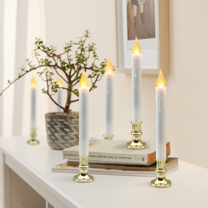 White Taper Candles with Gold Holders - Pack of 2, 9.9" Flameless LED with 5/19 Auto Timer and Batteries Included for Wedding, Dinner, and Home Decor