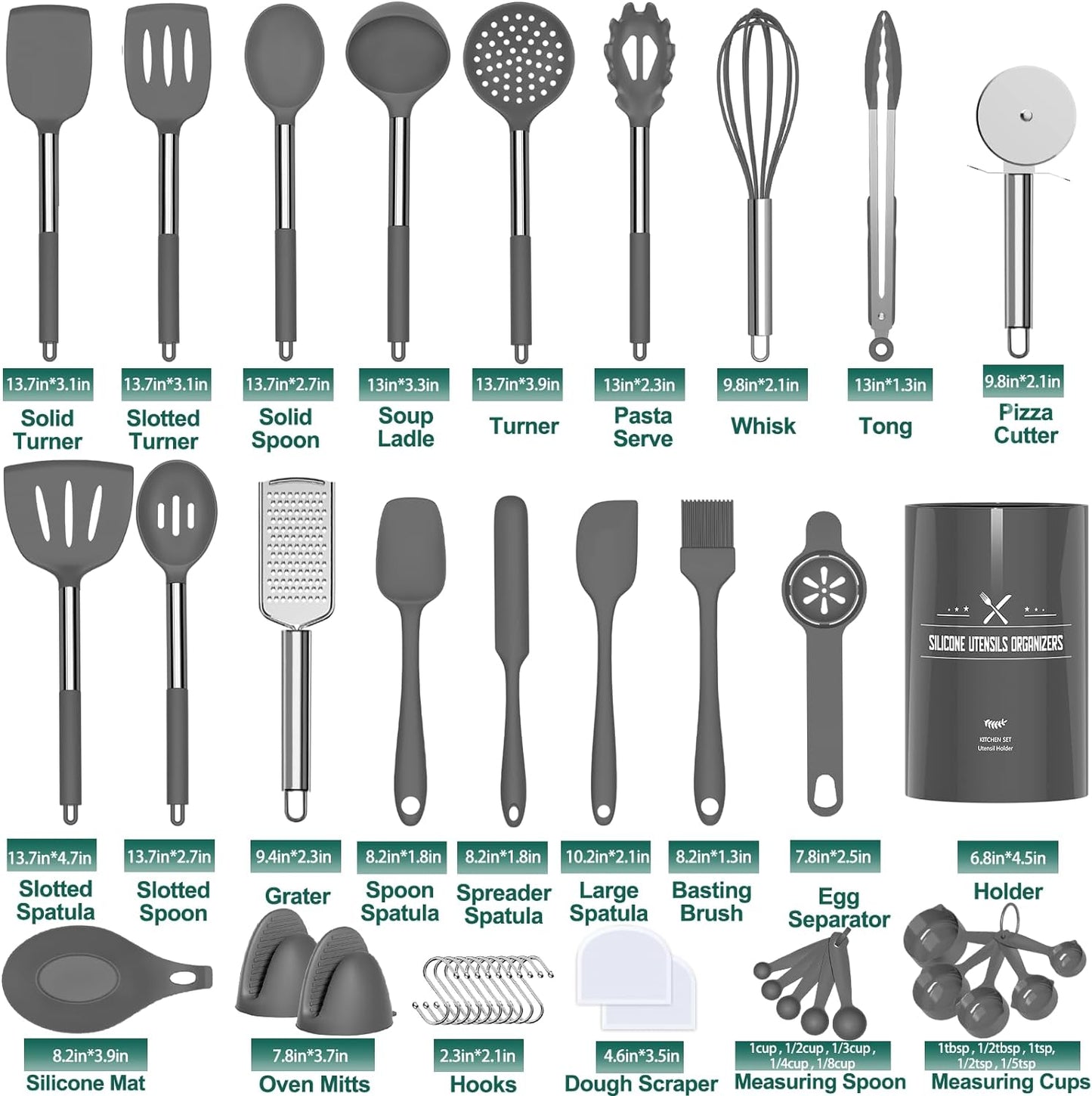 Silicone Kitchen Utensil Set - 43-Piece Non-Stick Heat-Resistant Spatula with Stainless Steel Handle (Grey)
