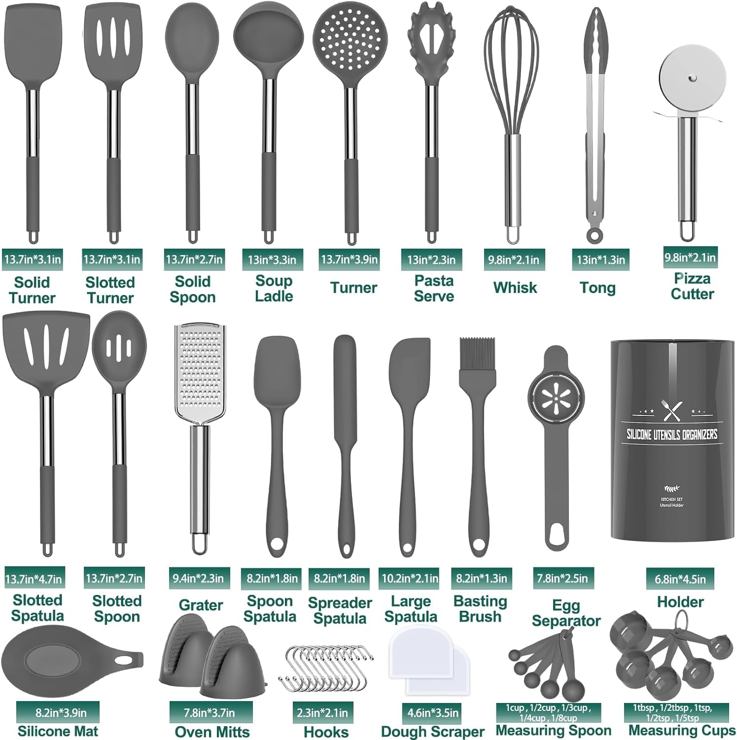 Silicone Kitchen Utensil Set - 43-Piece Non-Stick Heat-Resistant Spatula with Stainless Steel Handle (Grey)