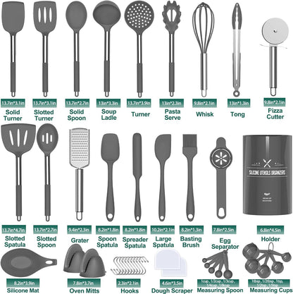 Silicone Kitchen Utensil Set - 43-Piece Non-Stick Heat-Resistant Spatula with Stainless Steel Handle (Grey)