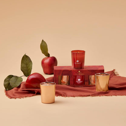 Aromatic Votive Candle Set – Trio of Luxury Scented Candles Featuring Freshly Pressed Apple, Clove, and Cardamom – Elegant Red and Rose Gold Design (Simmered Cider, 2 Oz Each)