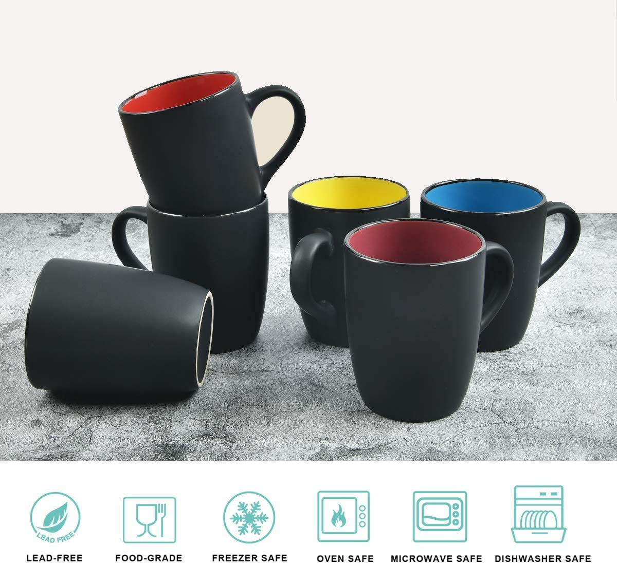 Set of 6 Contemporary Black Ceramic Coffee Mugs, 16 Ounce Capacity, Ideal for Home Use