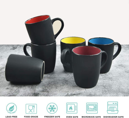 Set of 6 Contemporary Black Ceramic Coffee Mugs, 16 Ounce Capacity, Ideal for Home Use