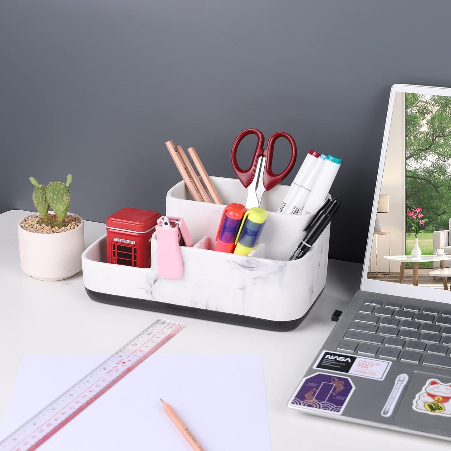 Multi-Functional Toothbrush Holder Organizer - Elegant White Marble Countertop Storage for Makeup, Skincare, and Accessories
