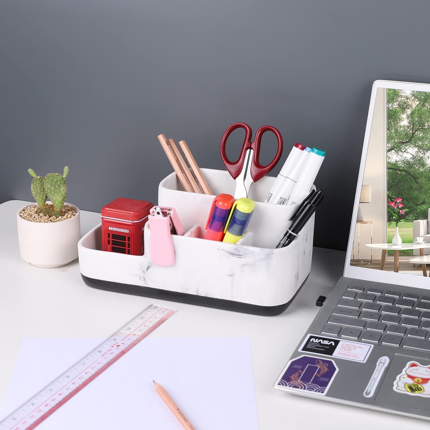 Multi-Functional Toothbrush Holder Organizer - Elegant White Marble Countertop Storage for Makeup, Skincare, and Accessories
